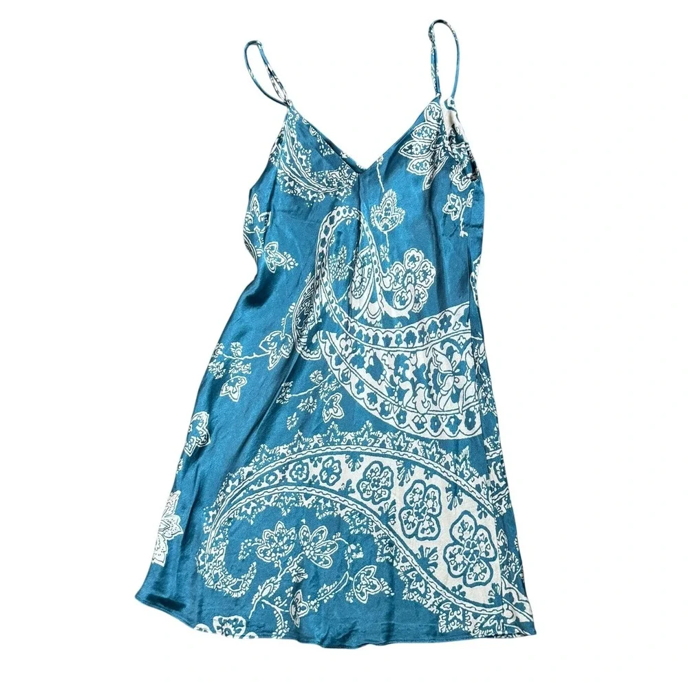 ZARA Women's XS Teal Blue White Paisley Satin‎ Mini Dress Ruched Bust
